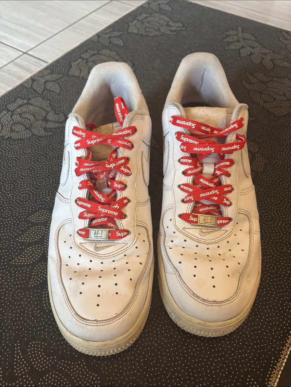 Supreme AF-1 White Sneakers with Red Logo Laces